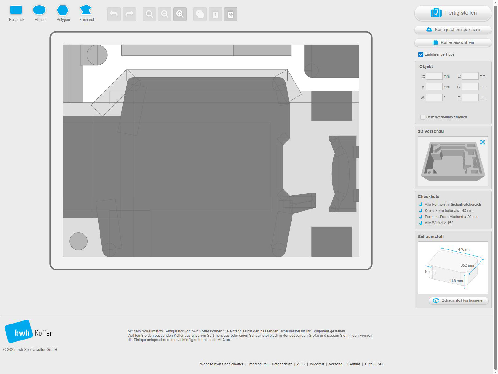 Screenshot des Schaumstoff Konfigurators