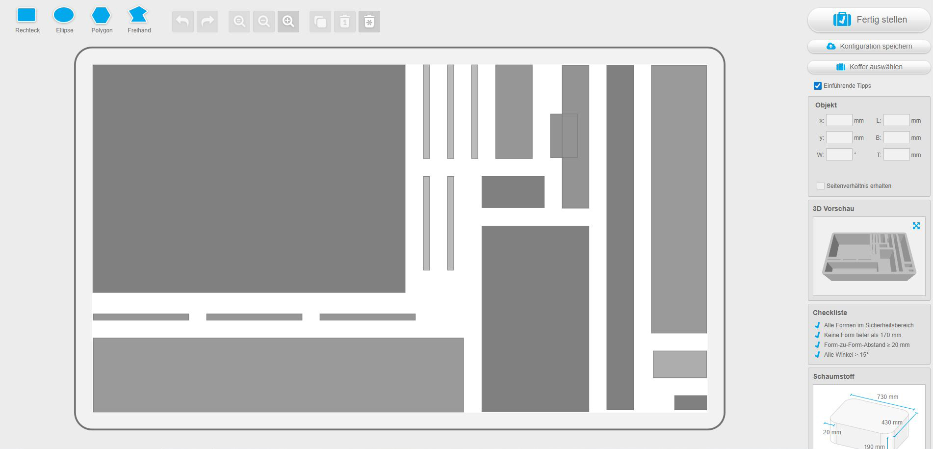 Screenshot der Bedienoberfläche des Schaumstoff Konfigurators mit Layout-Ansicht und 3D-Vorschau für individuelle Schaumstoffeinlagen