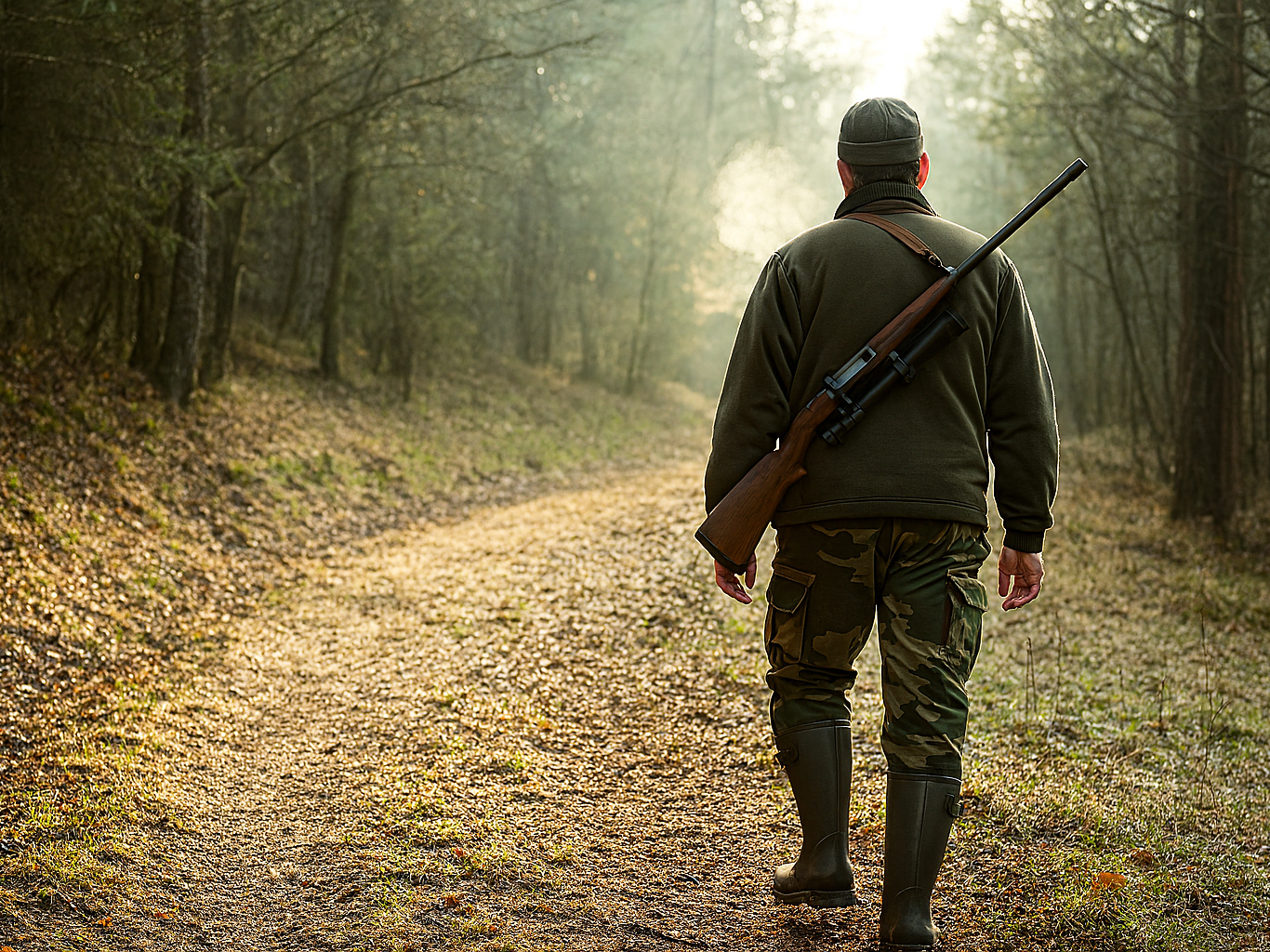Jäger unterwegs im Wald Jäger mit Gewehr auf Waldweg